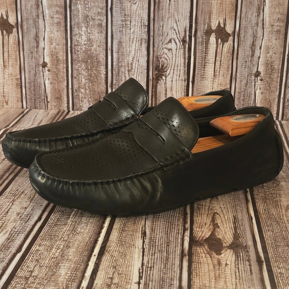 Sz 11 M Cole Haan Grand Laser Penny Driver Black Perforated Leather Loafers